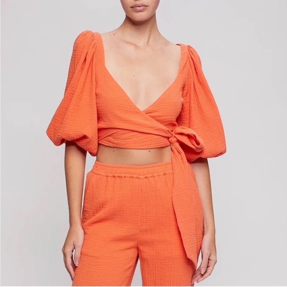 Jonathan Simkhai Mila Orange Puff Sleeve Wrap Crop Top S NWT